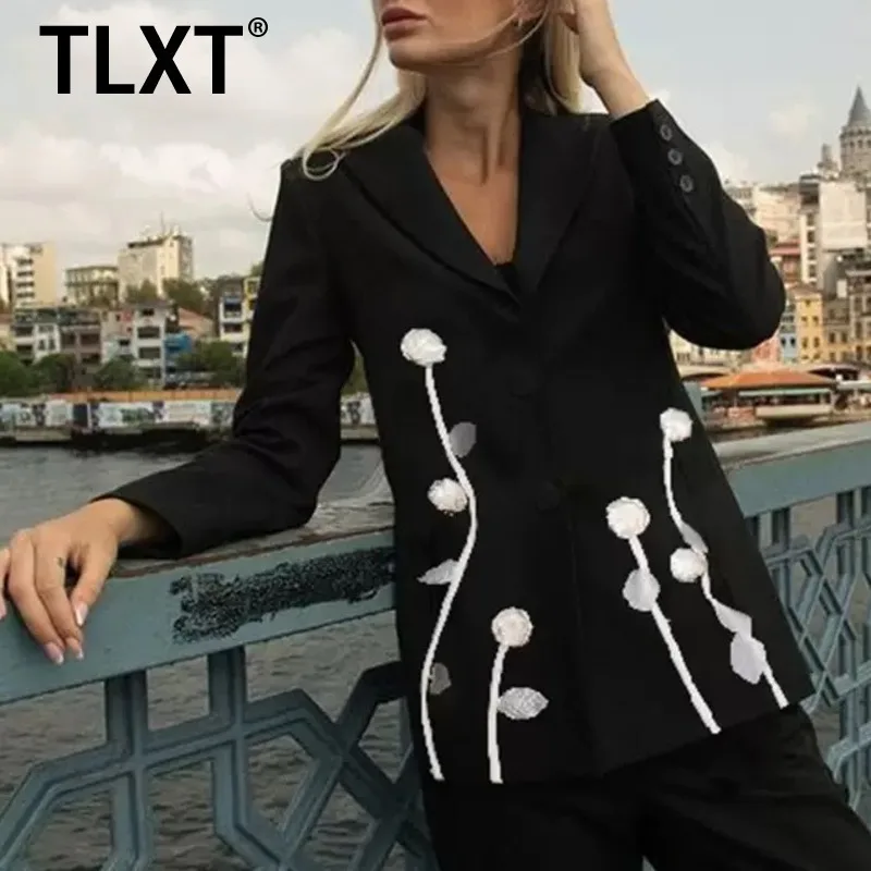 

TLXT модный женский дизайнерский лоскутный пиджак с аппликацией, свободный женский пиджак с зубчатым воротником и длинными рукавами на пуговицах XK901