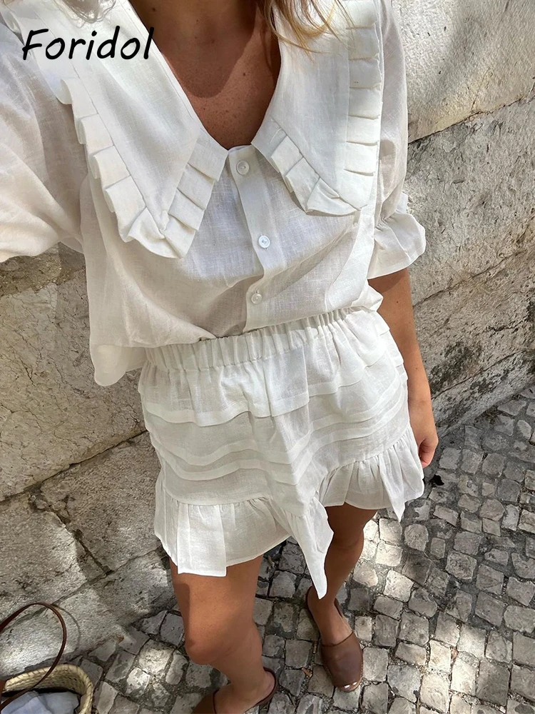 Foridol White Cotton Linen Skirt Set for Women 2 Pcs Matching Set 2024 Lace Decor Ruffles Dress Set Beach Casual Female Suit