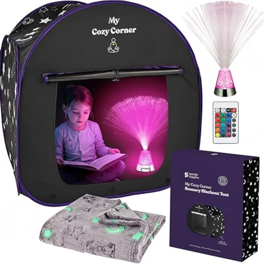 Blackout Sensory Tent for:Polyester, Navy Blue, Instant Pop-Up Calming Play Room with Fiber Optic Lamp Glow-in-the-Dark Fuzzy B