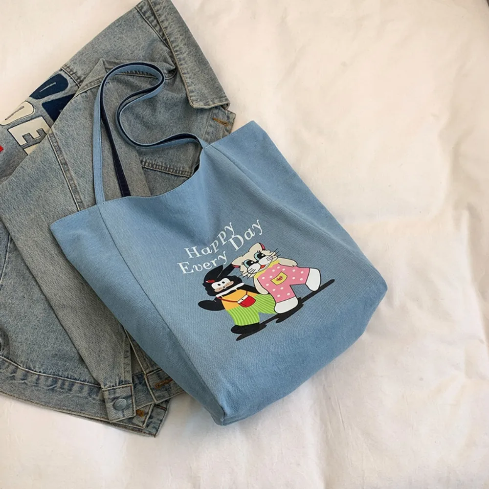 Двусторонняя большая сумка с мультяшными животными, легкая сумка на плечо, джинсовая синяя сумка, большая вместительная мягкая женская парусиновая сумка для покупок