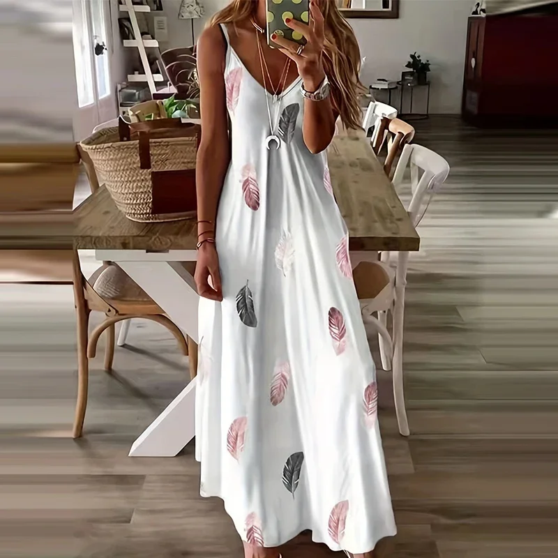 8Colour All-Season Chic Feather Print Maxi Dress Casual V-Neck Comfort Stretch Easy Care