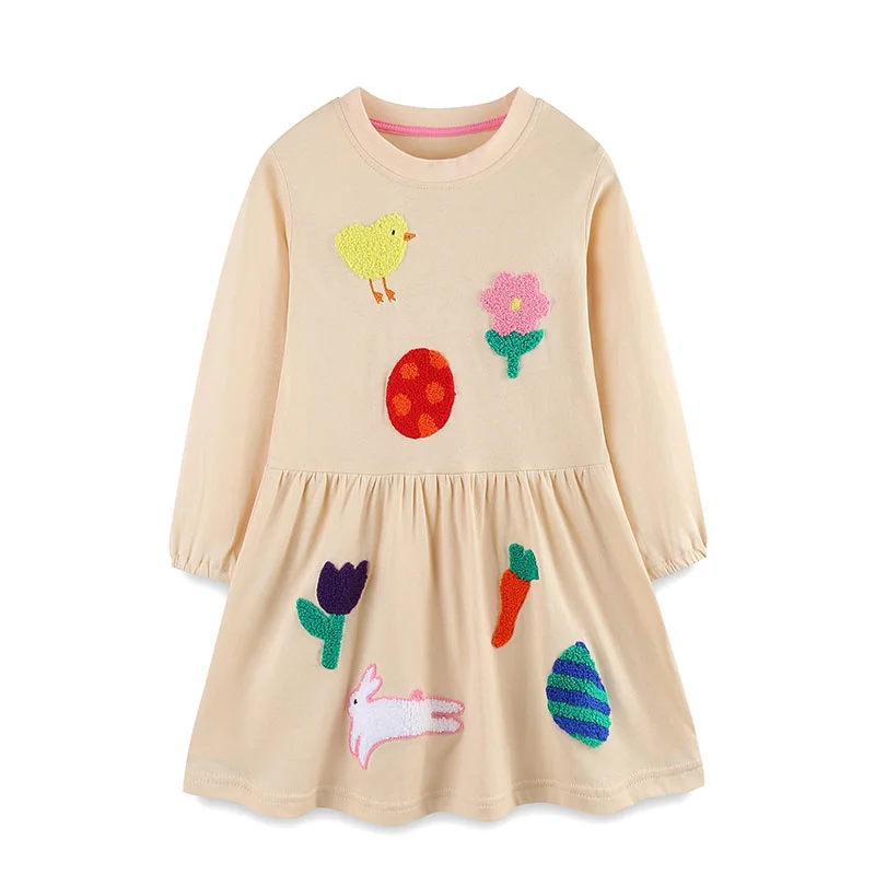

Jumping Meters 2-7T Long Sleeve Girls Dresses Cotton Autumn Spring Fashion Embroidery Children's Clothes Party Frocks