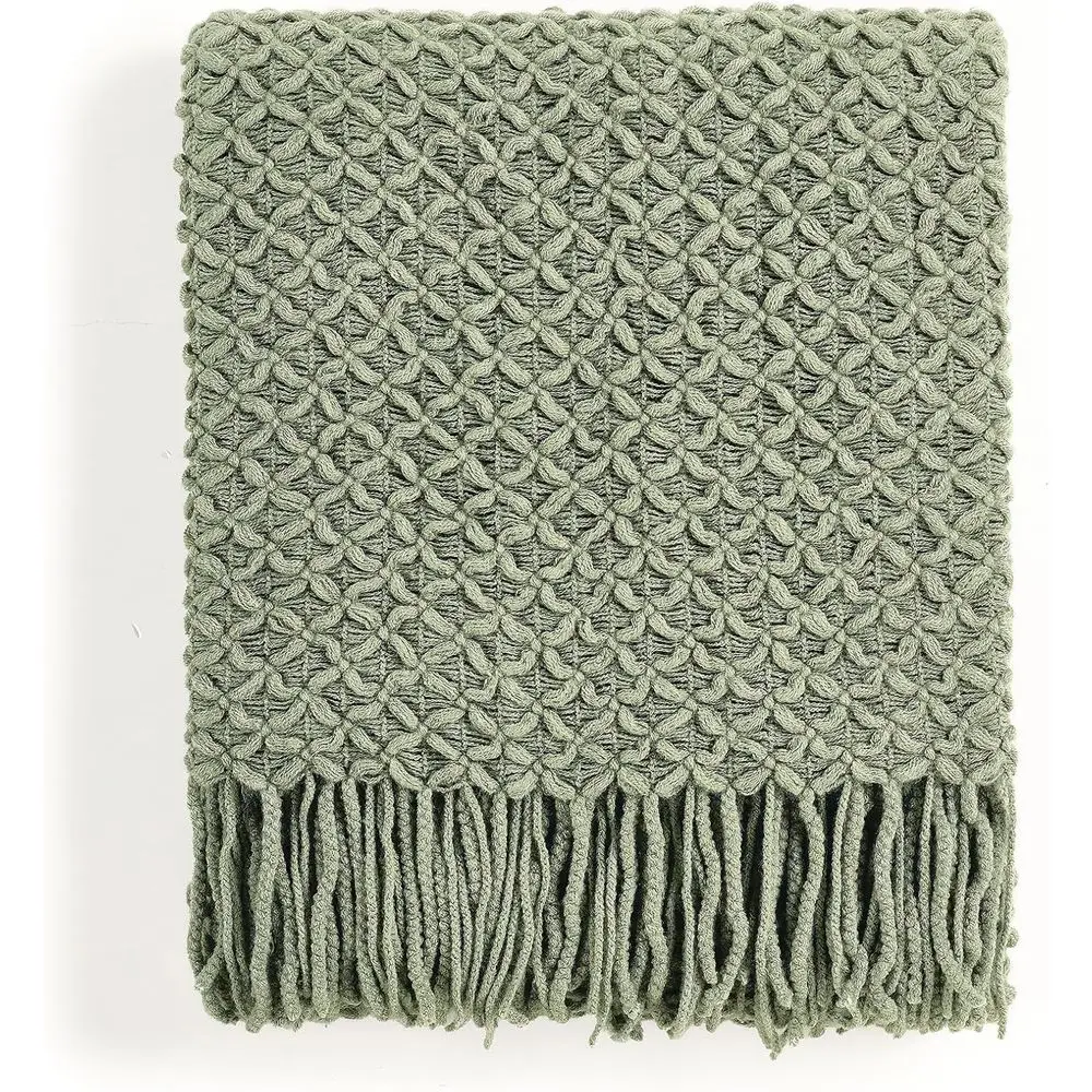 Boho Style Knitted Throw Blanket, 50x60 Inches Sage Green, Perfect for Cozy Home Decor