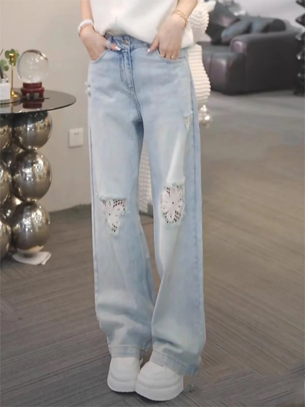 

Джинсовые джинсы с рюшами в стиле пэчворк, женские тонкие джинсы маленького размера, узкая версия, широкие брюки прямого кроя, весенние новые синие брюки