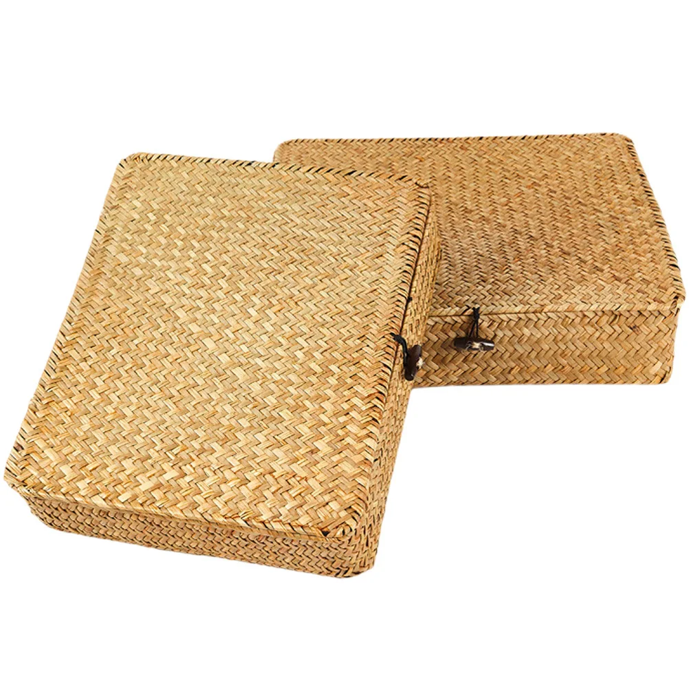 

2Pcs Seagrass Basket Storage Lid Organizer Basket for Snacks Fruit Woven Storage Bins Home Organizer Baskets