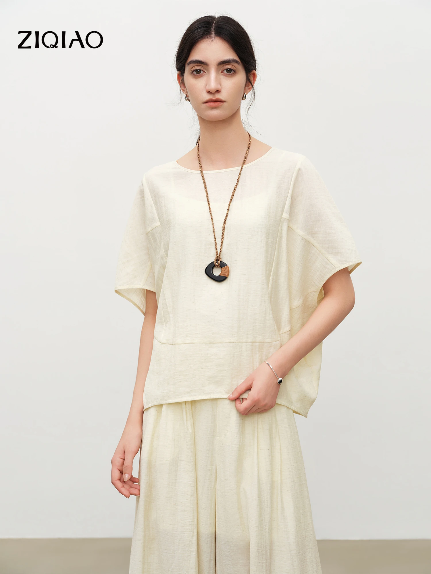 

ZIQIAO 2026 Summer Women's Relaxed Batwing Sleeve Shirt & Wide Leg Pants Set, Linen Blend Two Piece Co-ord Soft Aesthetic Style