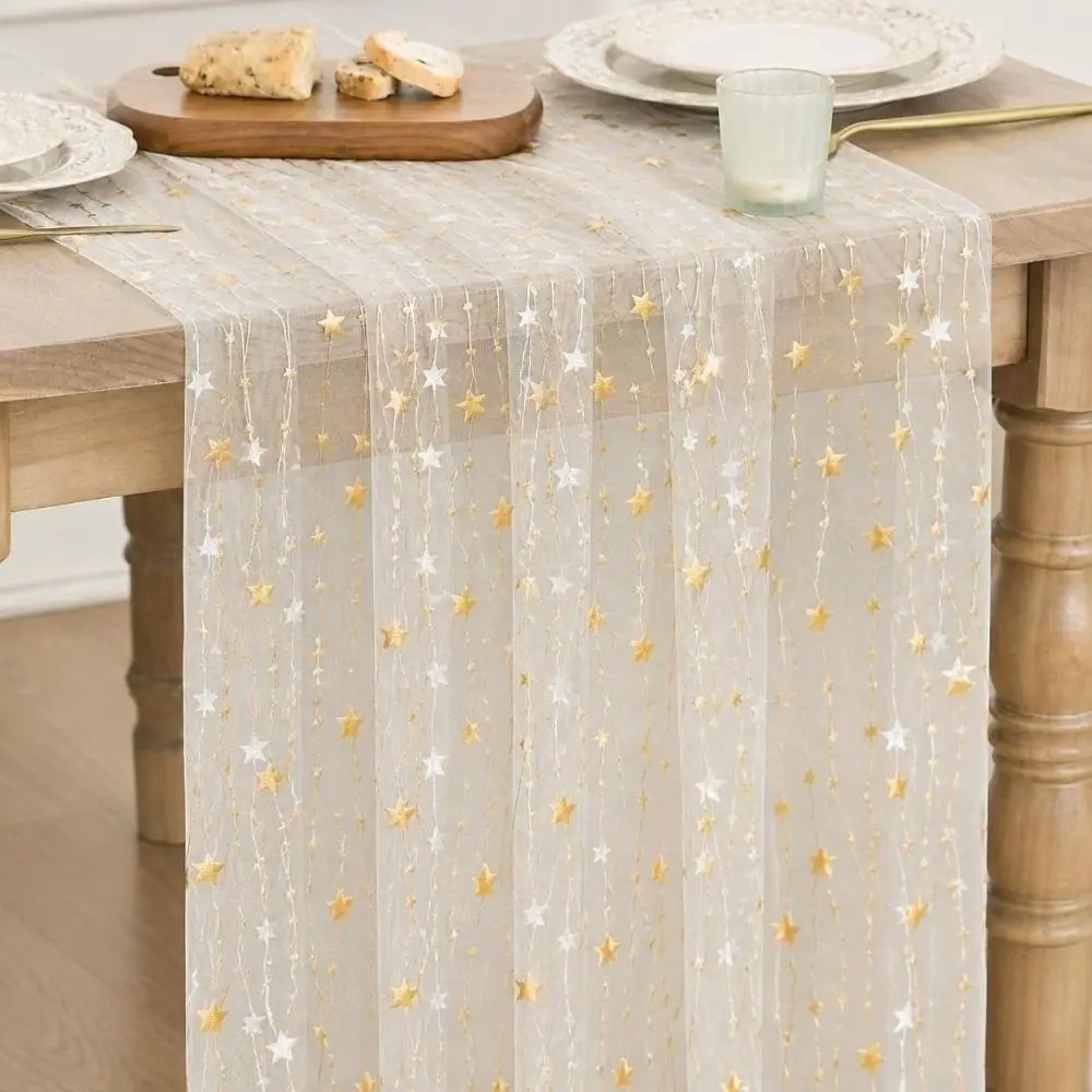 75*300CM Embroidered Table Runner Retro Style Semi-Transparent Gauze Tulle Table Decor Polyester Material Embroidery Design