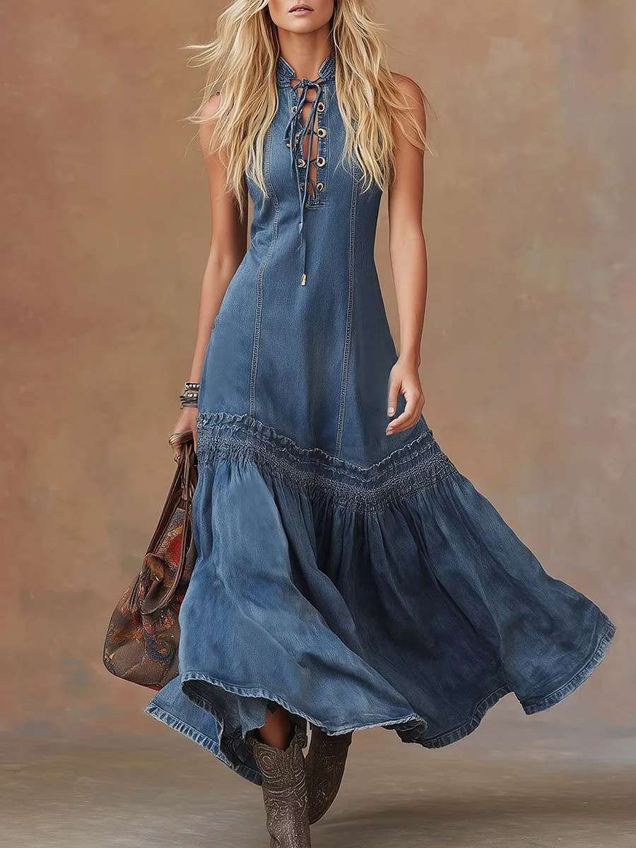 

Women's Denim Maxi Dress Fashion Lace Up Sleeveless Mermaid Dress Summer Highstreet Holiday Long Dresses Elegant Chic Vestidos