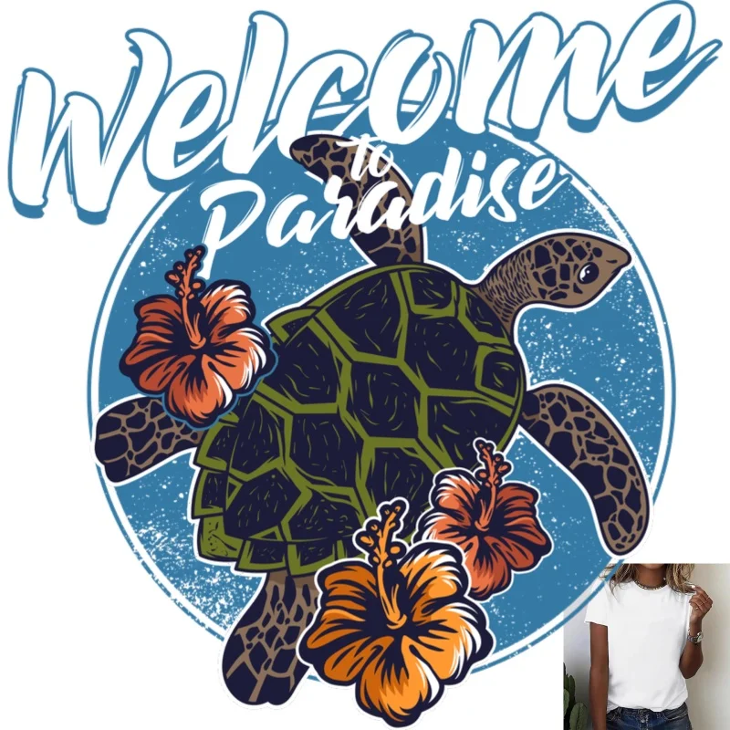 Tropical Turtle & Hibiscus Flowers Heat Transfer White Ink Iron - on Patch, Perfect for T - shirts/Canvas Bags, Vacation Casual
