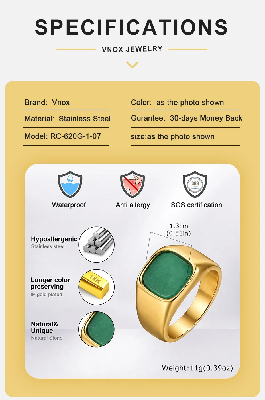 Vnox Herren Siegelring, vergoldeter Edelstahl, quadratischer grüner Naturstein-Fingerring, Vintage-Punk-Statement-Schmuck, Geschenk, neu – Detail 5