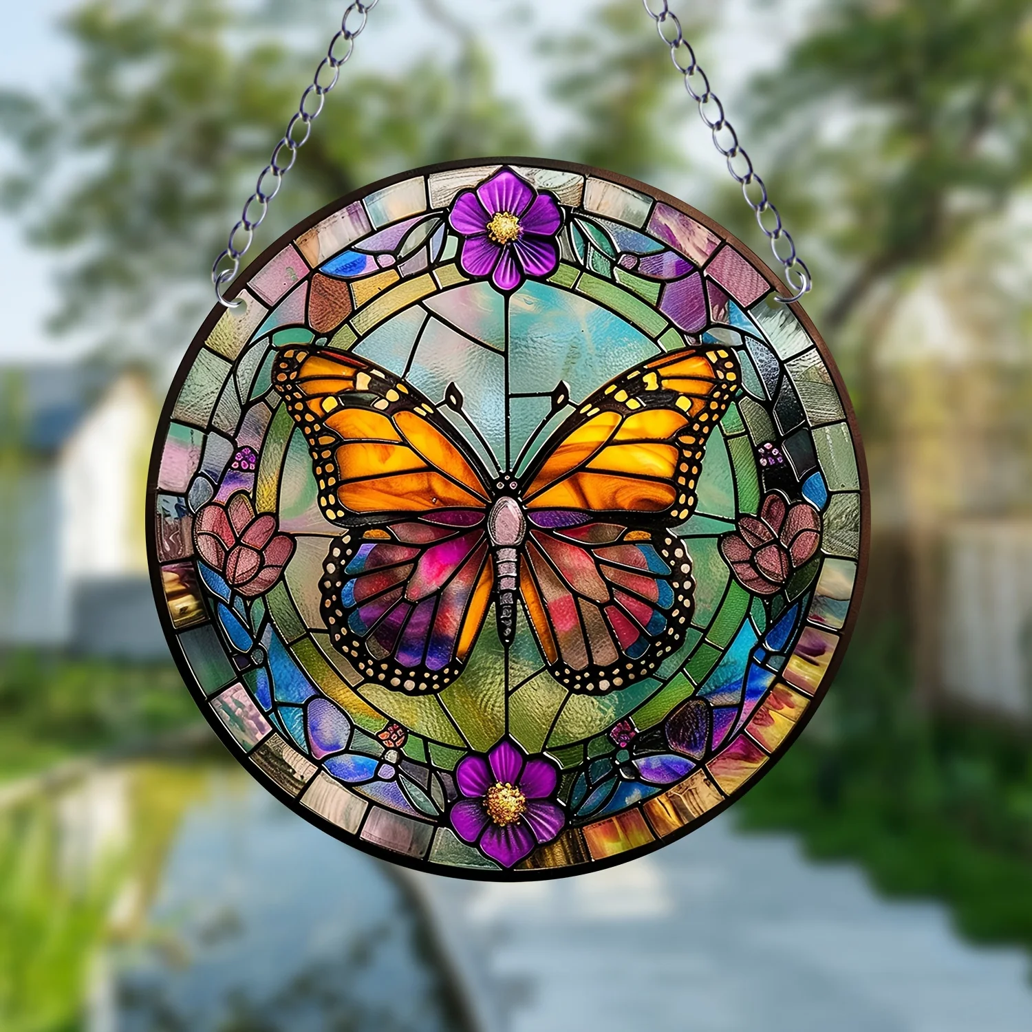 1pc Butterfly Window Suncatcher Wall Hanging Decoration Round Stained Acrylic Wall Art  for Courtyard Family Gift Colleague