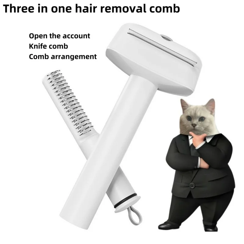 Three in one pet hair removal comb with free switching for cats and dogs. Use it to smooth hair, remove lice, and fluff