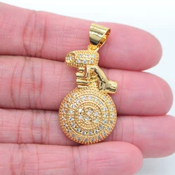 High Quality Gold Color Clear Cubic Zirconia Hip Hop Bling Hand Holding Money Bag Pendant Jewelry