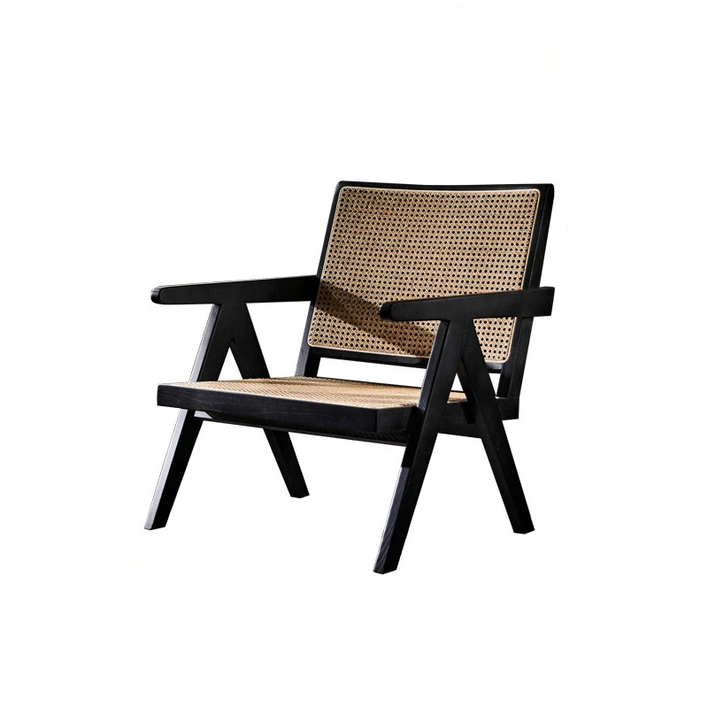 Nordic Solid Wood Rattan Single Armrest Armchair Japanese Style Mid-Ancient Balcony Leisure Chair