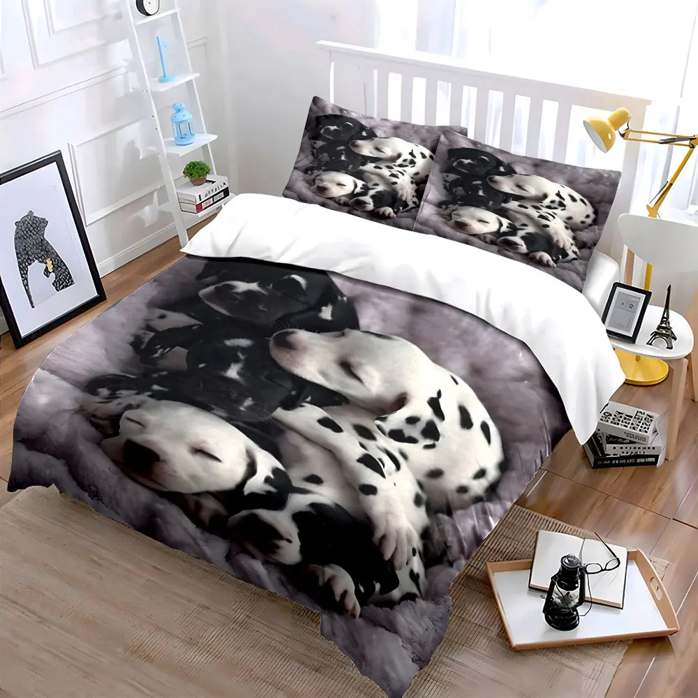 Sleeping Dalmatian Puppies Cuddling Print Bedding Set 1 Duvet Cover 2 Pillowcases for Adult and Children Luxury Gift Full Size