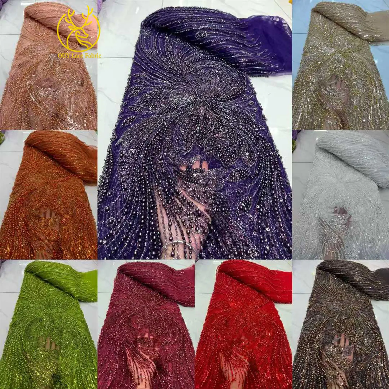 Tela de Encaje Africana Roja con Cuentas, Encaje de Tul con Lentejuelas Francés Nigeriano de Alta Calidad 2026, Adecuado para Vestidos de Fiesta para Mujer