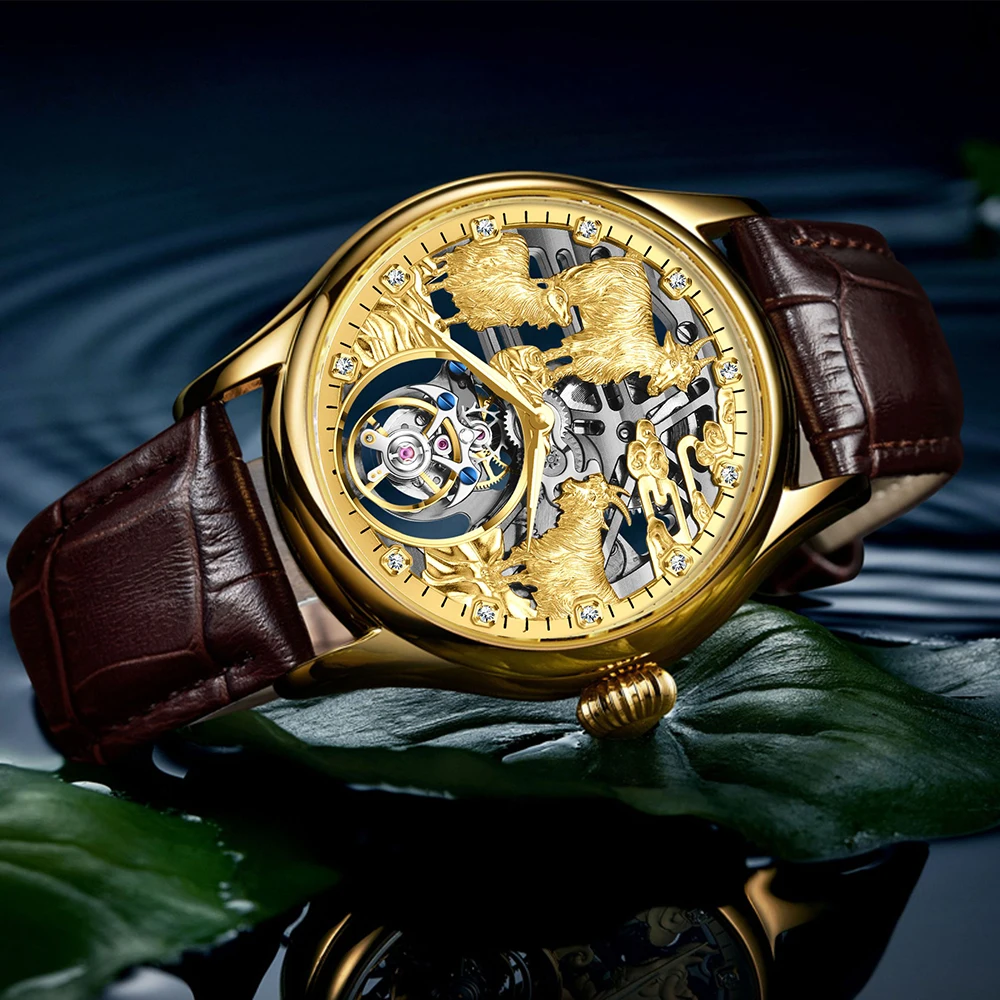 AESOP Real Tourbillon Mechanical Men Watches Top Brand Skeleton Hollow Luminous Hand Clock Man Sapphire Wristwatch Zodiac Sheep