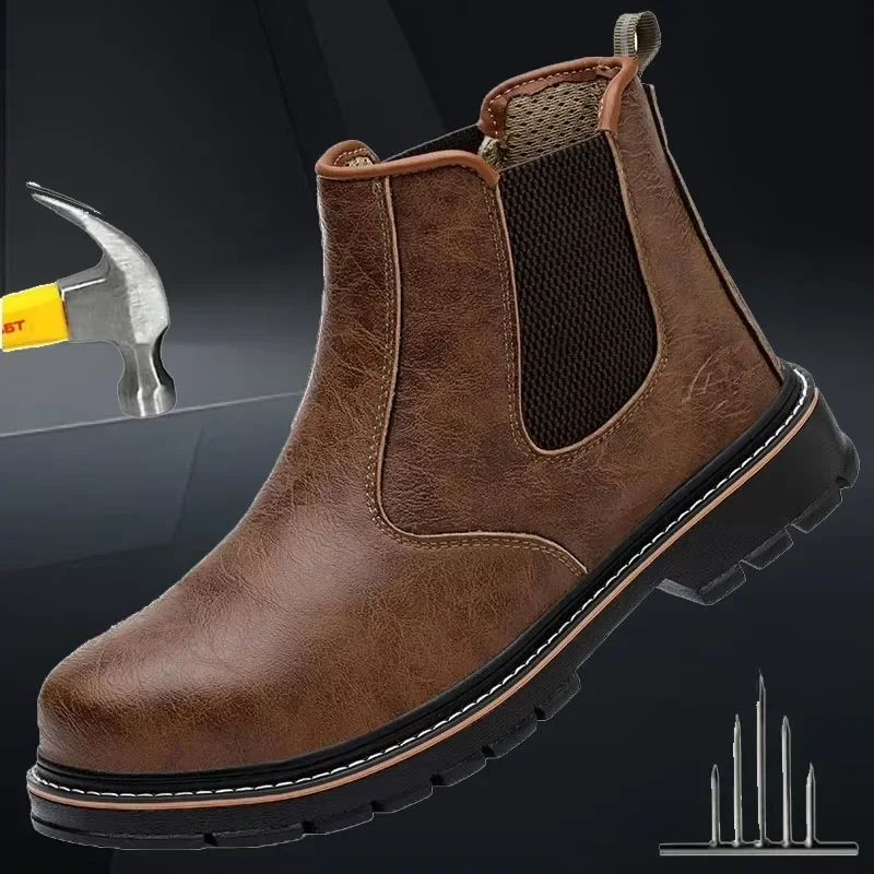 耐パンク防水鋼製先芯安全靴革製ワークハイヒール革靴クリスマスプレゼントブラウン保護靴