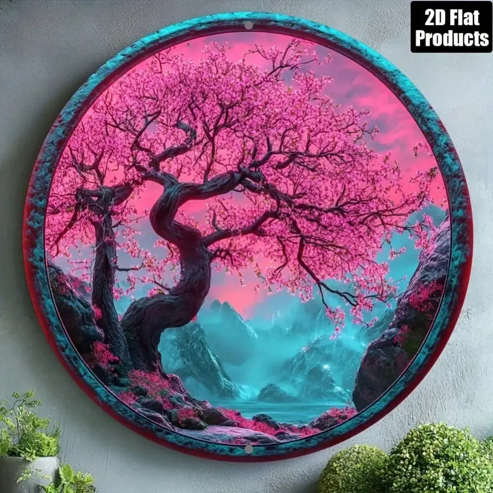 CIFBUY VIVI Round Metal Wall Art Iron Cherry Blossom Sign Vintage Pink Decor For Home Bar Kitchen Cafe 8x8 Inch Tin Poster
