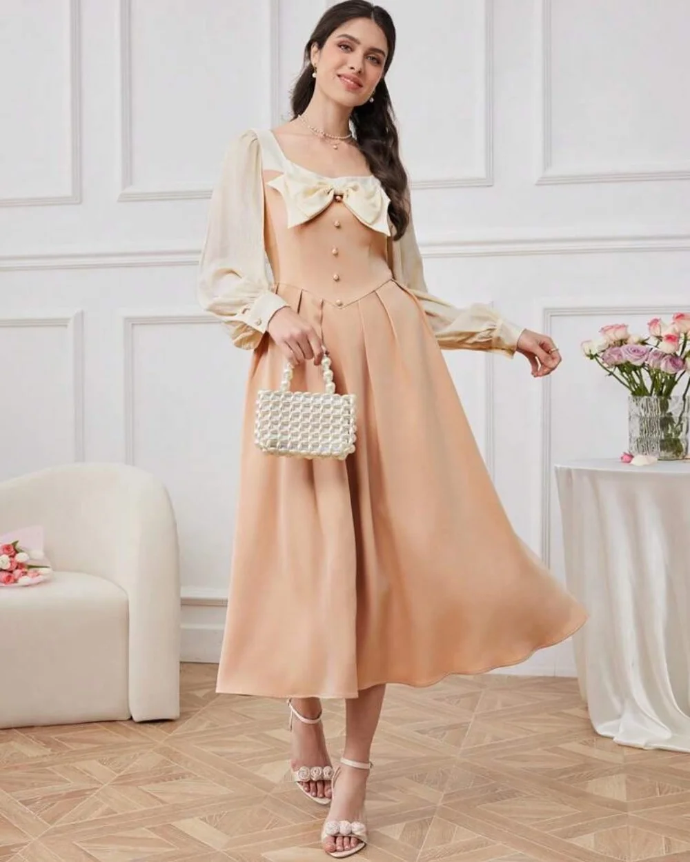 

Exquisite Bow Button Pleat Ruched A-line Square Neck Midi Dresses Homecoming Dresses Modern Style Pastrol Unisex Chinese Style