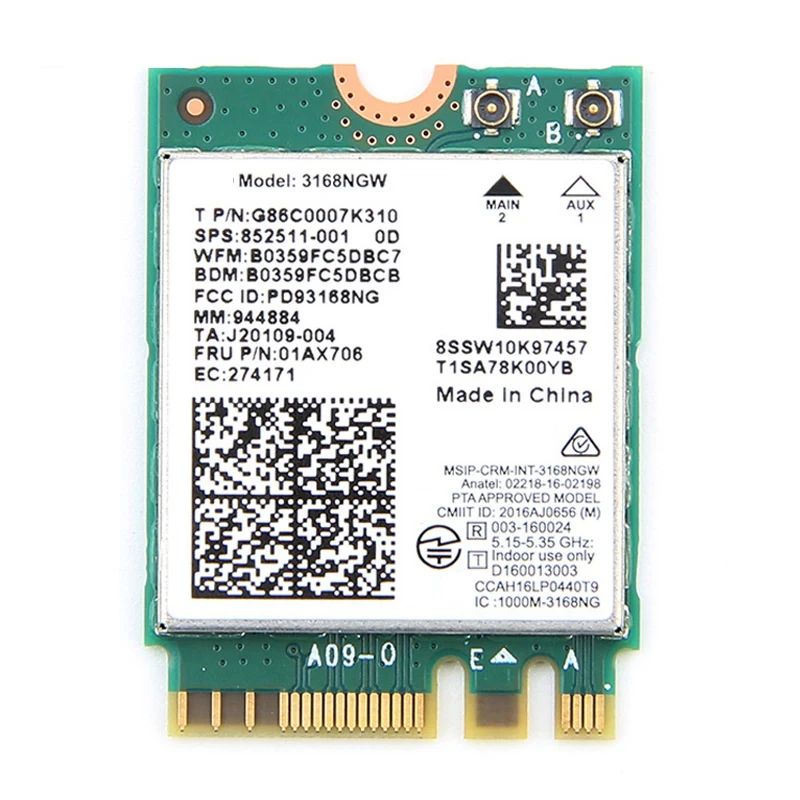 Placa de rede sem fio WiFi de banda dupla, Intel 3168NGW, 433Mbps, Bluetooth 4.2, 802.11Ac NGFF