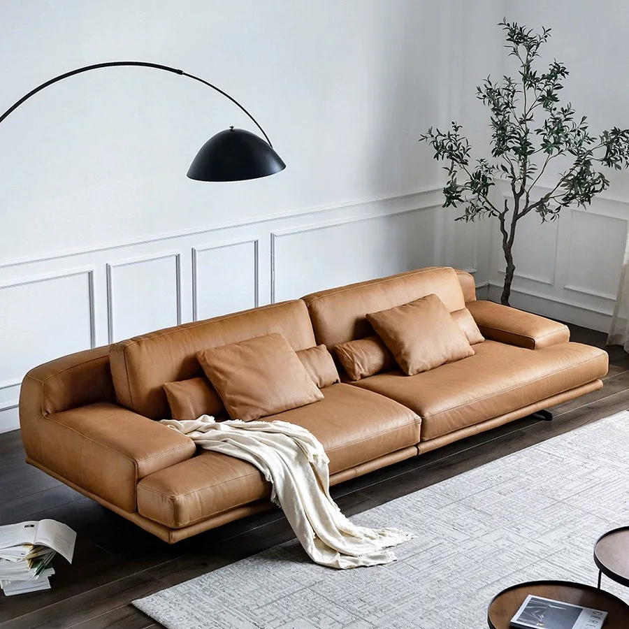 Nordic Italian minimalist and silent retro camel first layer cowhide straight row four people modern simple leather sofa