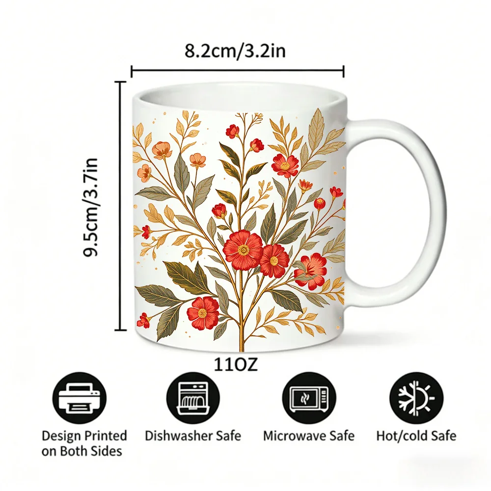 Cottagecore Red Flower Botanical Print Mug, Vintage Floral Ceramic Coffee Cup, Milk Cup, Office Tea Cup, Gift for Friends