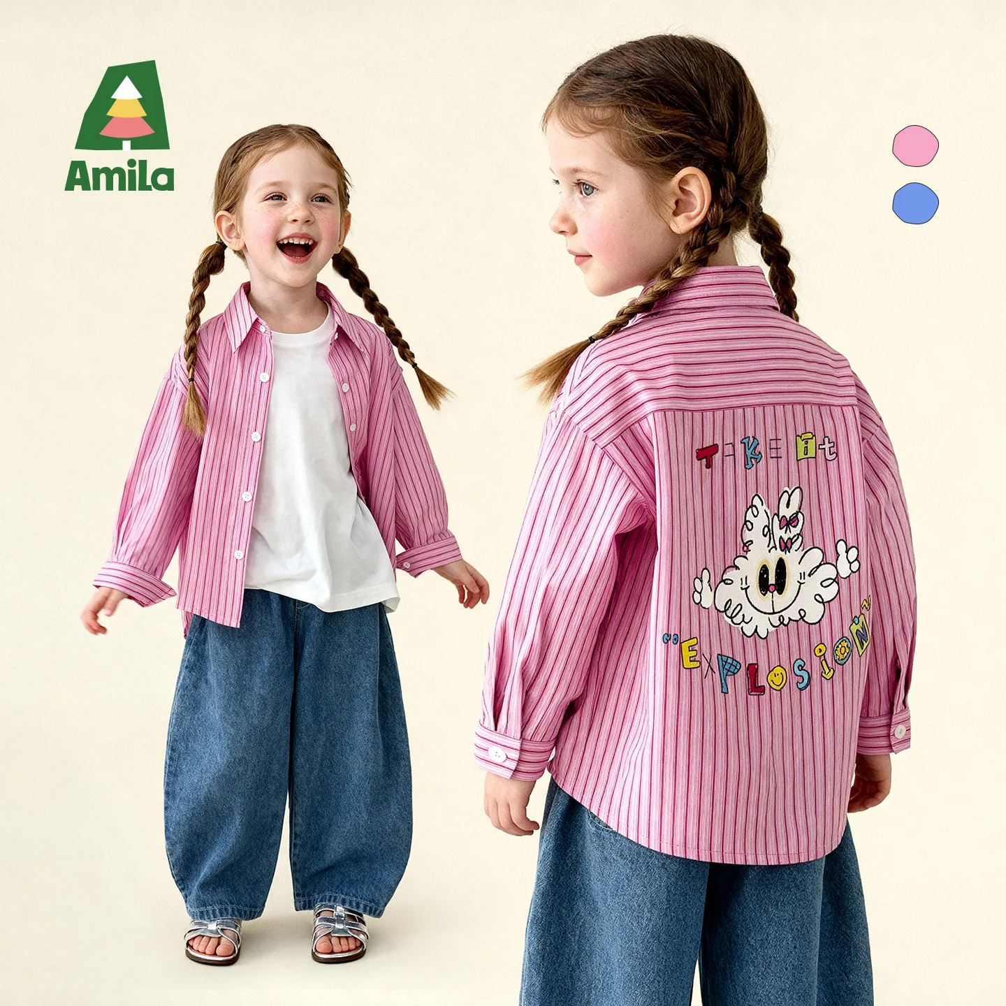 Amila 2026 Spring Children's Long Sleeve Shirt With Collar Stripe Element Back Cartoon Printed Letters For Casual Daily Use