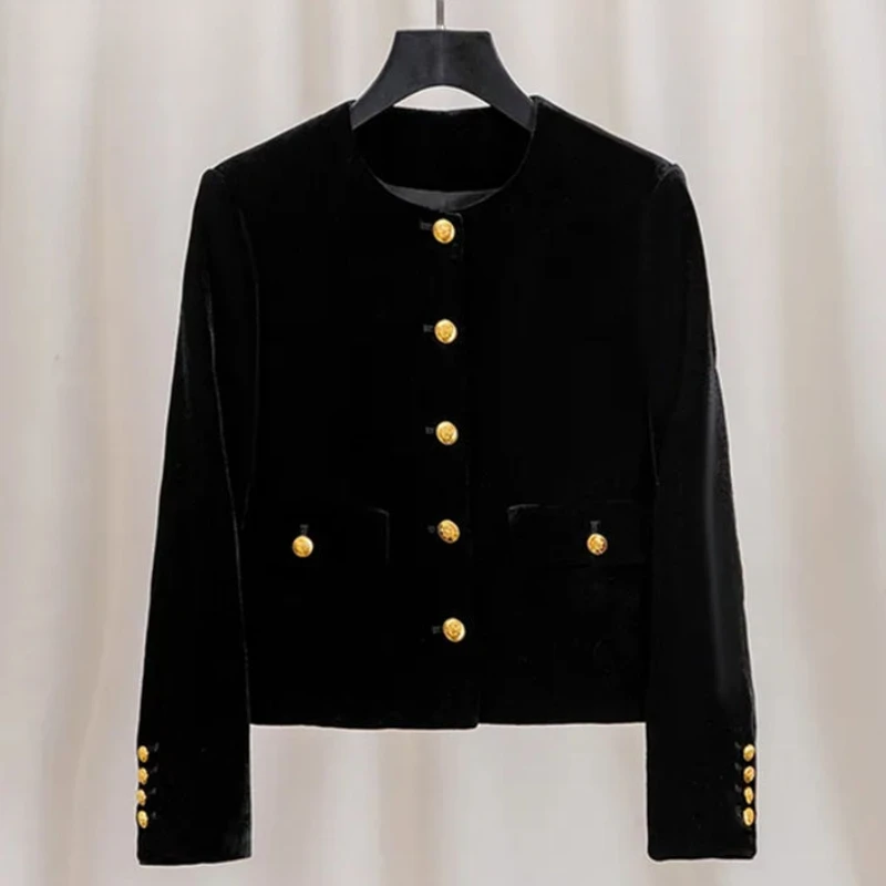 

Temperament Lady Tops Korean Women Jackets O-neck Long Sleeve Black Outwear Crop Tops Loose Vintage Velvet Coats 2024 Ropa Mujer