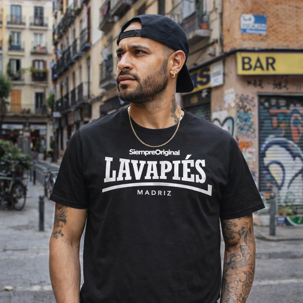 Camiseta gráfica Lavapiés Madrid de algodón negro de manga corta, estilo urbano con temática de la cultura de la ciudad española, tops informales para hombre y mujer