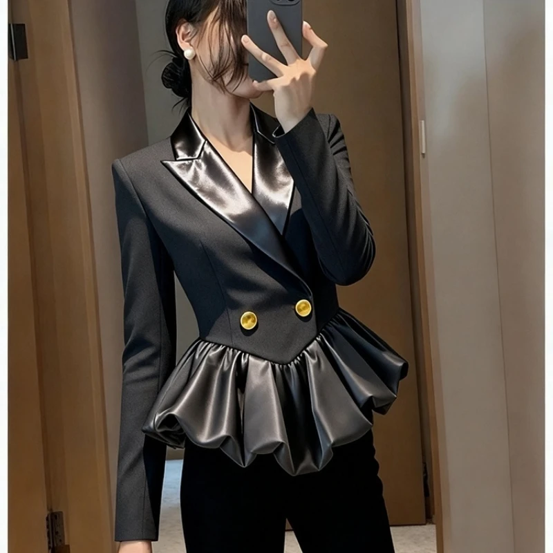 

2025 Spring Fall Women Suit Collar Pu Leather Double Breasted Buttons Ruffles Irregular Coat , Woman Clothes Designer Coats