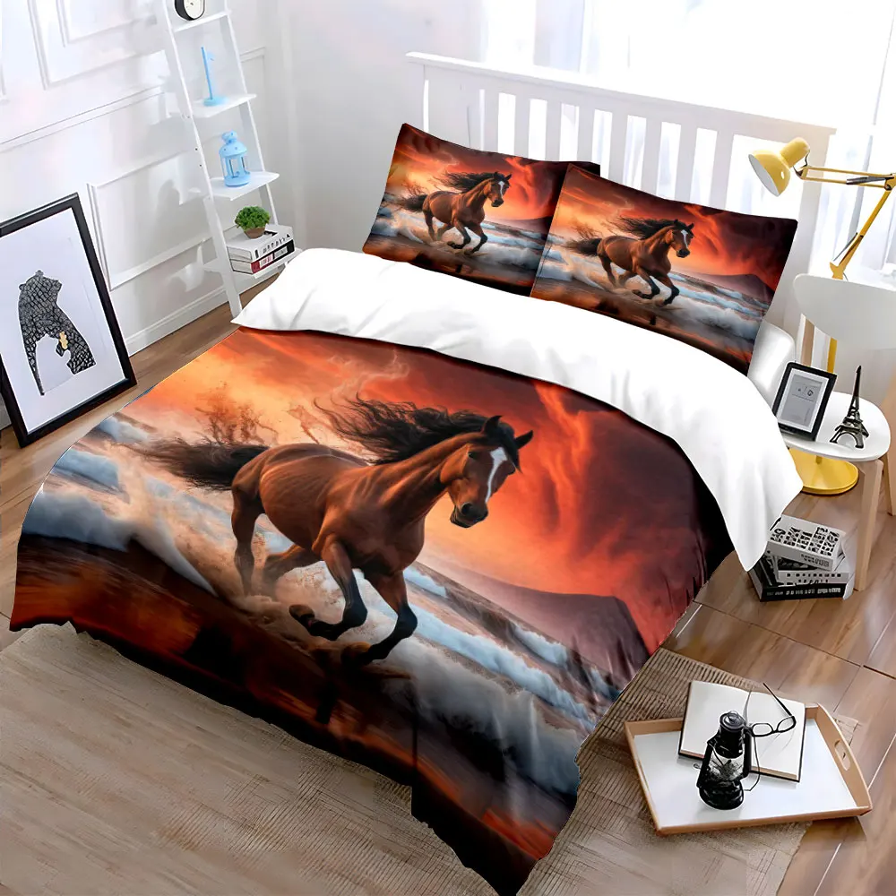 Galloping horse with ocean waves Bedding Set for Kids Luxury Gift 3pcs Digital Print Comforter Set Soft Comfortable Breathable