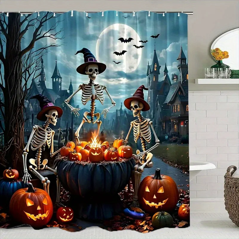 Spooky Halloween Skeleton Shower Curtain Gothic Fall Decor Haunted Pumpkin Bath Liners Bathroom Accessories Autumn Season Wall