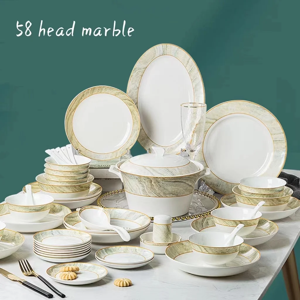 Luxury marble Jingdezhen bone china tableware and tableware Phnom Penh round combination ceramic tableware set