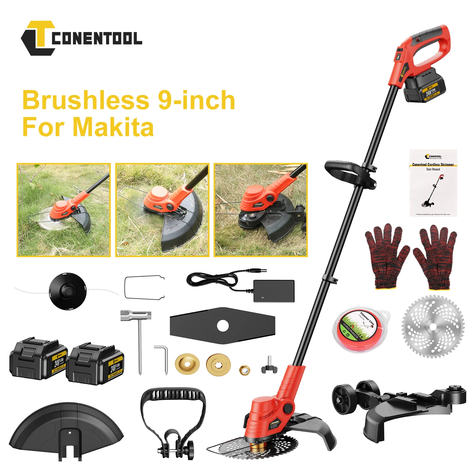 Conentool 24V Cordless Strimmer -Wheel Scorolling Lawn Mower Garden Strimmers with 2 Batteries + 15 Blades Set, Grass Trimmers