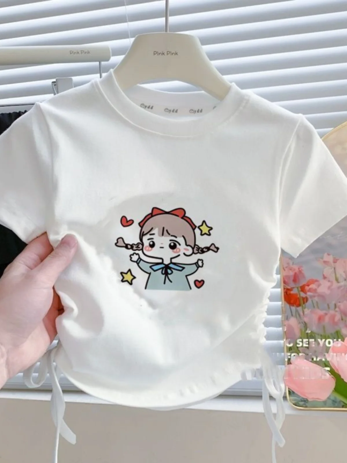 Summer New Girls T-shirt Sweet Cartoon Cotton Short Sleeved T-shirt Fashion O-neck Drawstring Design Half Sleeved Top