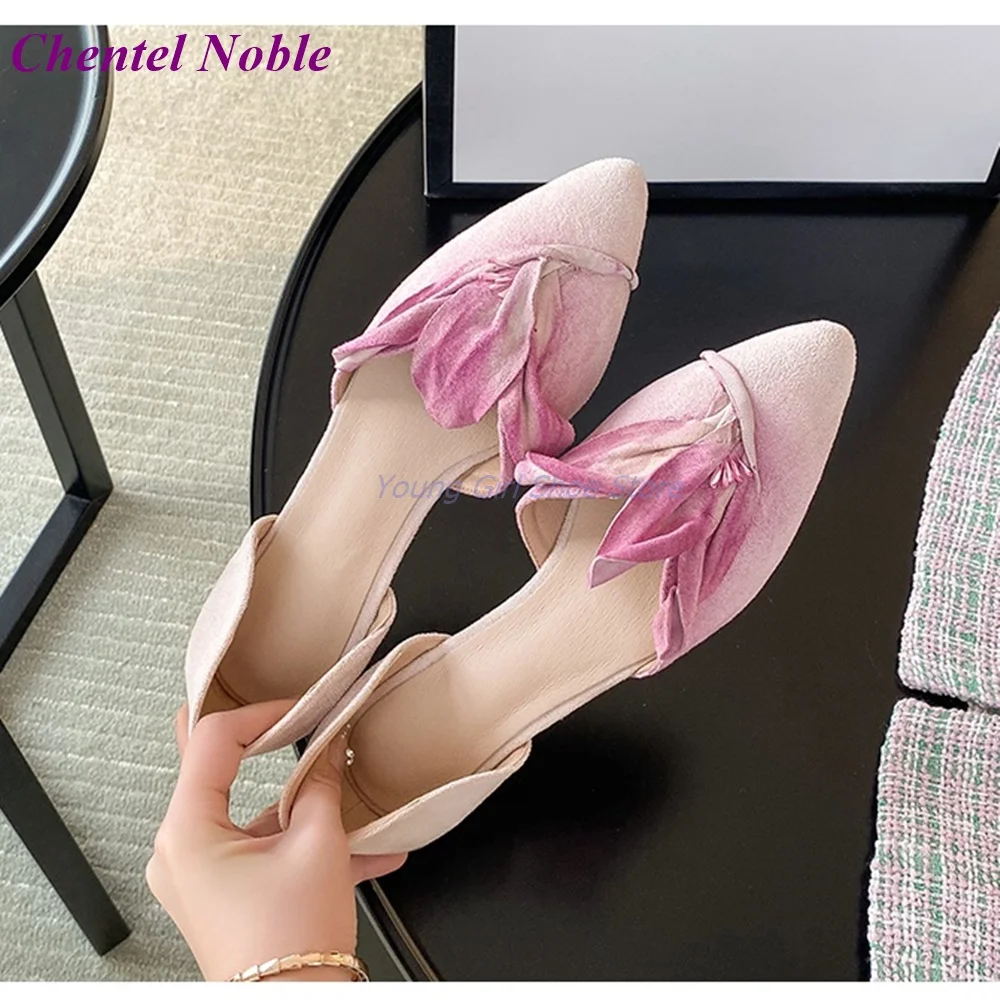 Cowhide Petal Prong Pumps Hollow Flat Heel New Arrival Spring Summer Women Shoes Dance Elegant  Retro Fashion Shoes Green Pink