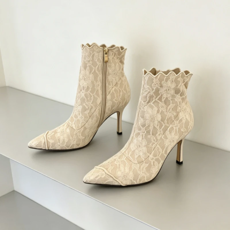 Lace Embroidery Ankle Boots for Women Pointed Toe Zip Details Winter Boot Comfy Tight-fitting with Dress Sexy Women Heels Boots