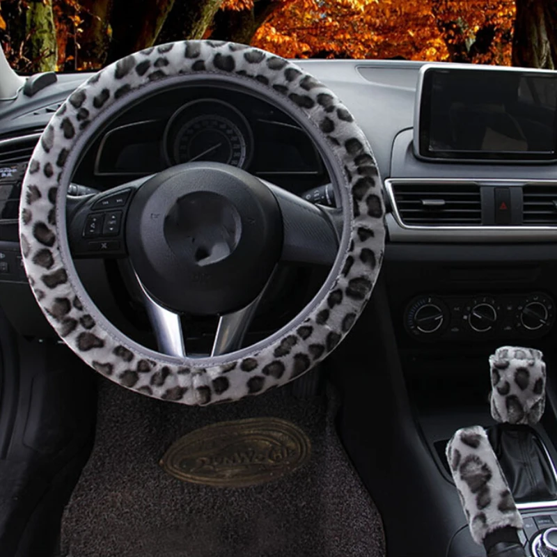 3Pcs /Set Leopard Fluff Plush Steering Wheel Cover Winter Car Accessories