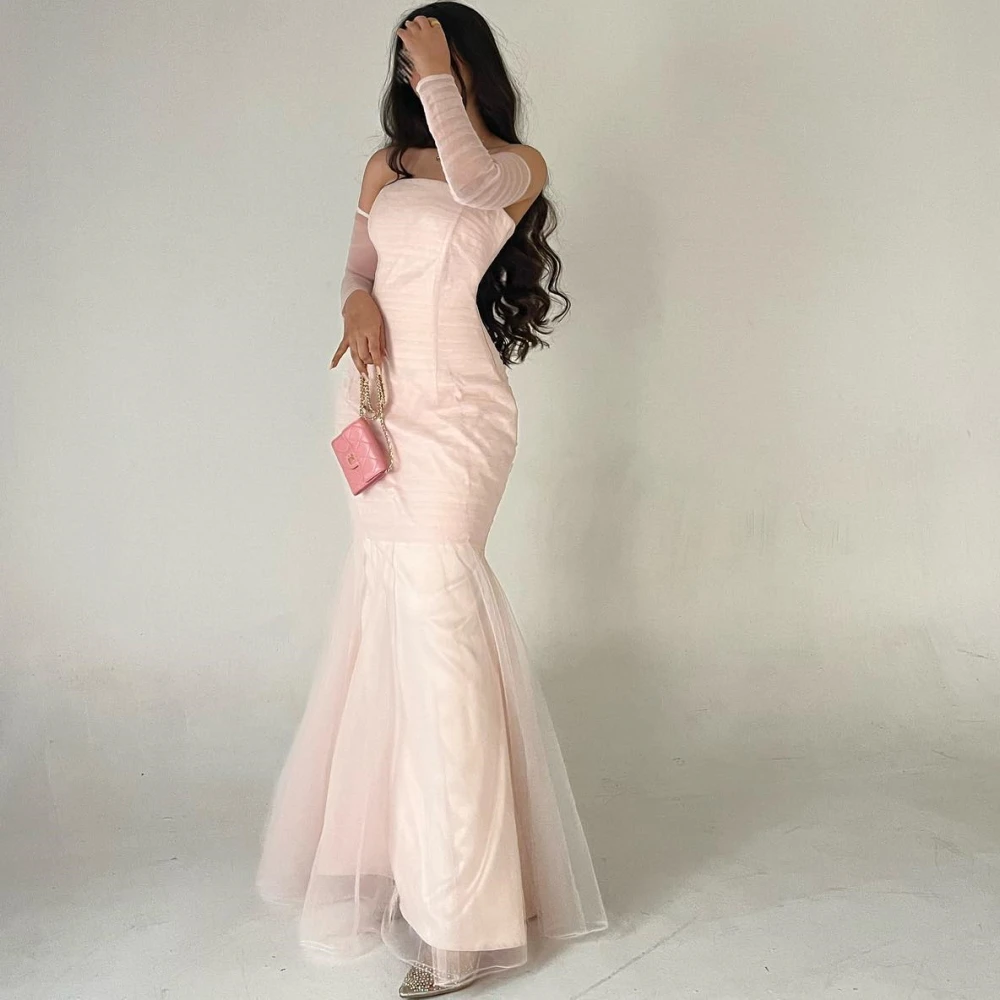 Carolina Strapless Evening Dresses Mermaid Satin Pink Backless Organza 2023 South Arabia Women Wedding Guest Formal Party Gowns