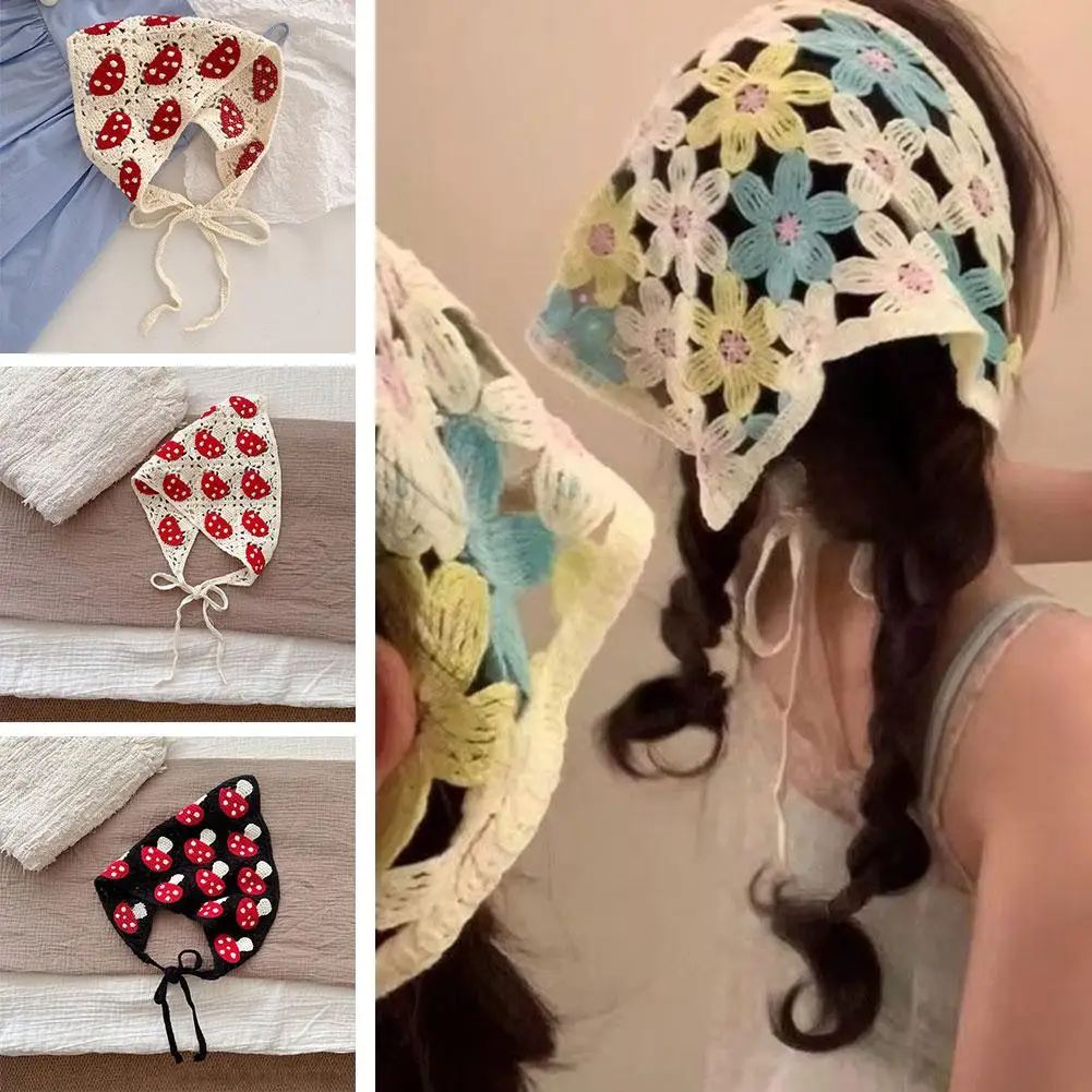 Crochet Floral Triangle Headband French Pastoral Style Little Handmade Towel Headband Summer Headscarf Hat Flower Spring Q2H7