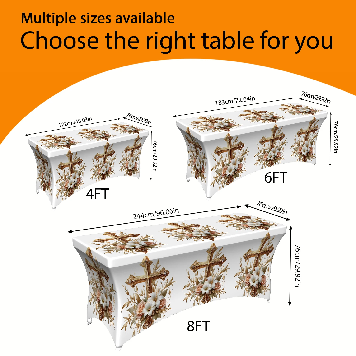1PC Summer Outdoor Elastic Tablecloth, Cross & Magnolia Floral Printed Fitted Table Cover, 4/6/8FT Rectangula