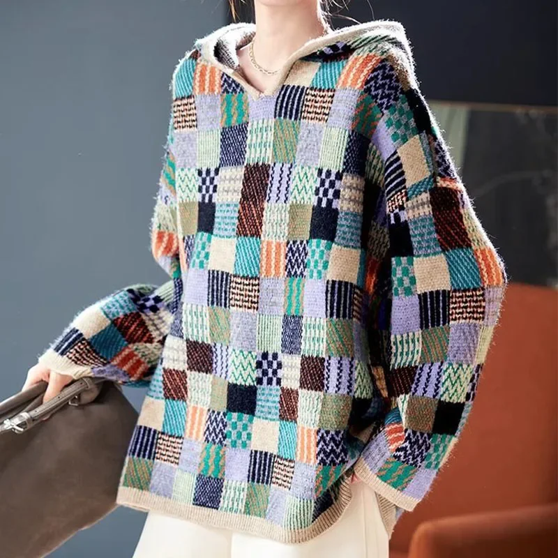 

Осенняя женская одежда, модные пуловеры с капюшоном, шикарные повседневные вязаные свитера в клетку Y2k, винтажные свободные жаккардовые топы с геометрическим рисунком