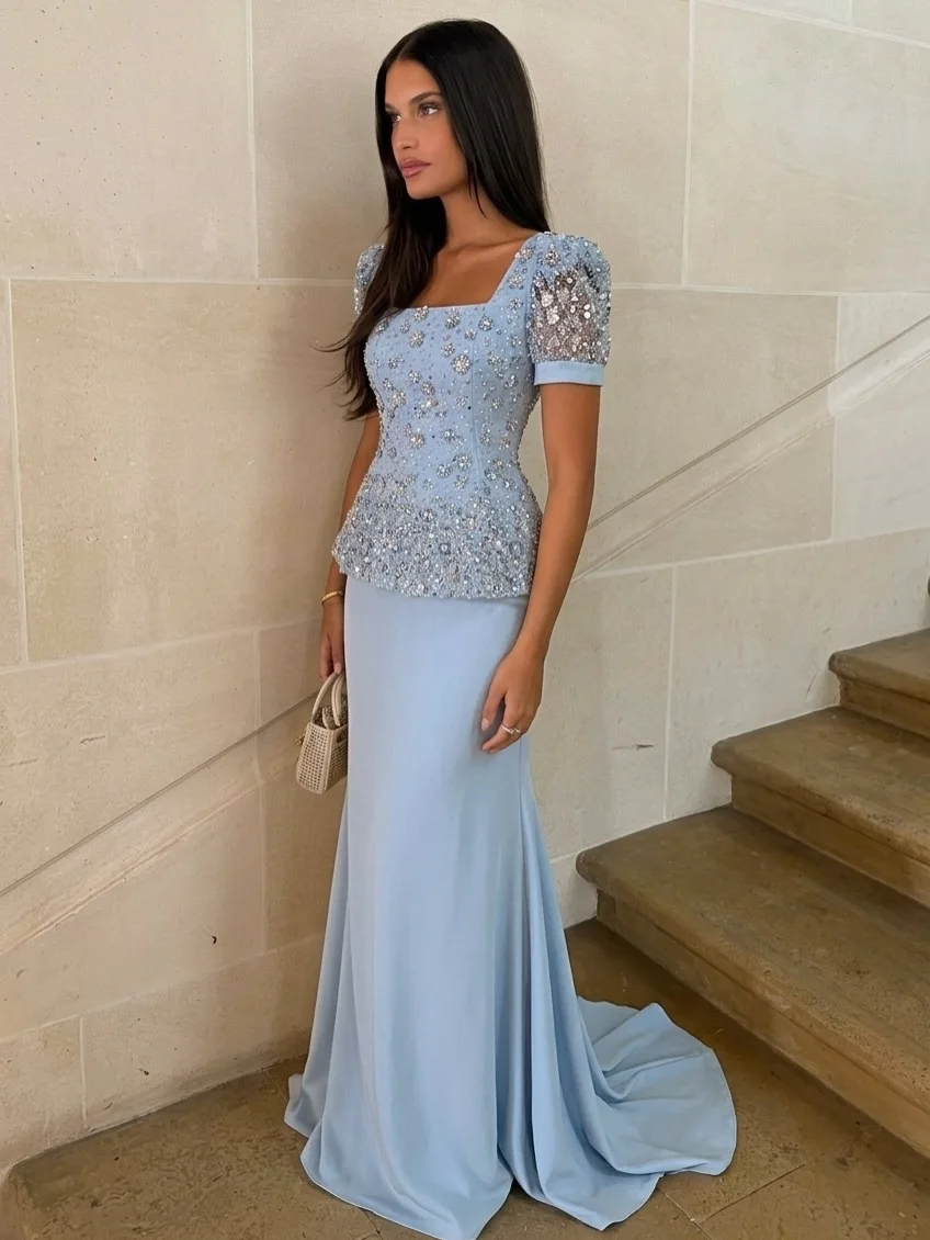 

Customized Luxurious Elegant Evening Gown Dresses Square Collar Mermaid Floor Length Rhinestone Beading Pleats Party Dresses