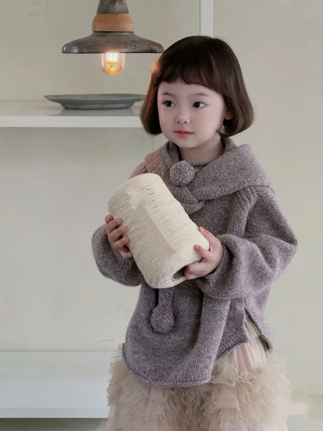 Korean Children Clothing 2024 Autumn Winter New Pure Purple Knit Suit Girl Warm Long Sleeve Sweater Cute Cake Knitted Skirt Set
