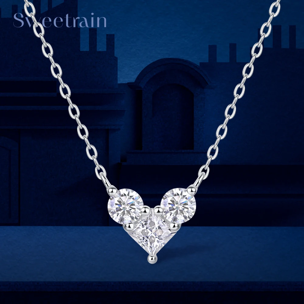 

Sweetrain 4 мм ожерелье с муассанитом огранки принцессы, стерлинговое серебро 925 пробы, цепочка с покрытием из белого золота 18 карат, ожерелье в форме сердца для женщин, ювелирные изделия