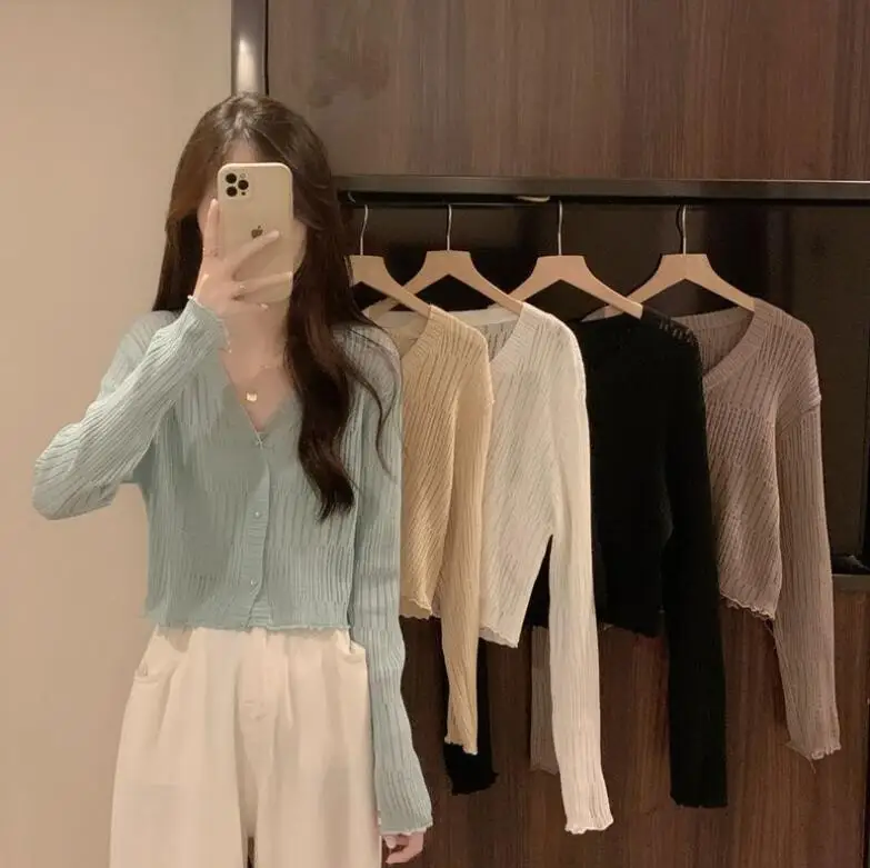 Spring/Summer New Fashion V-neck Knitted Long Sleeved Solid Color Single Breasted T-shirt For Women,8 Colors