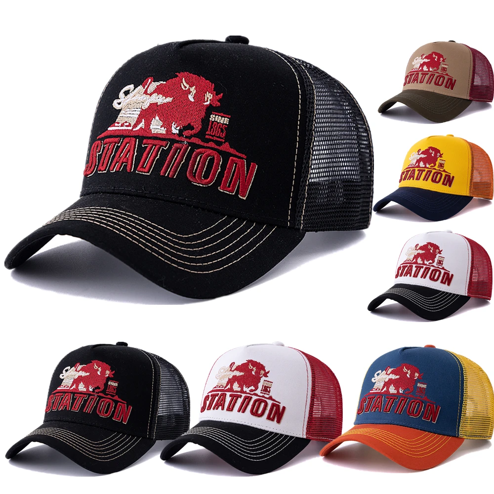 

2025 Hot Sale Unisex Bison Embroidered Summer Fishing Cap Breathable Mesh Trucker Hat Snapback Hat