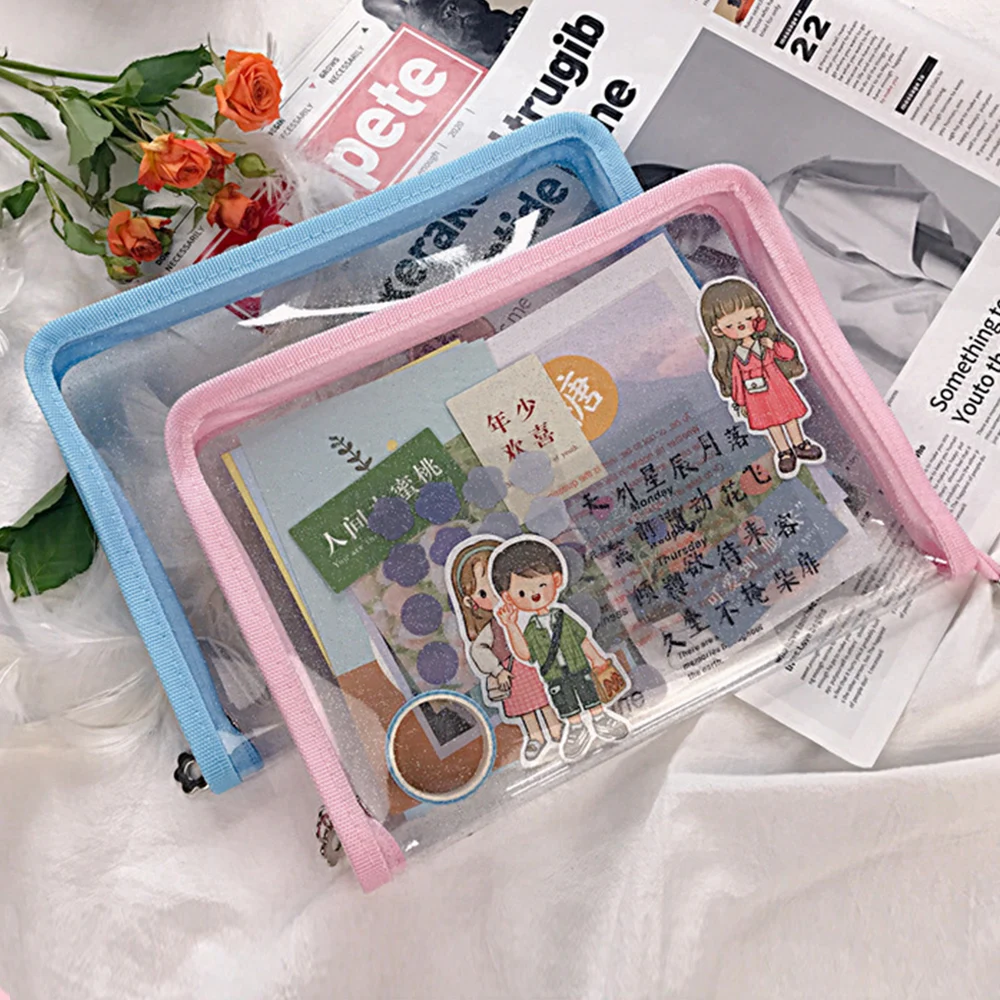 A5 Zipper Bag Glitter trasparente File Bag Storage Cover Cute File Folder Case custodia in PVC portatile supporto per cancelleria Design con cerniera