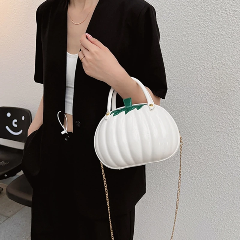 Stylish Halloween Pumpkin Crossbody Bag Women Solid Color PU Leather Chain Shoulder Bag Female Casual Shopping Dating Handbag